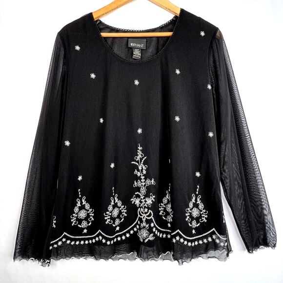Lane Bryant Black Sheer Sleeve Embroidered Blouse 14/16 - Picture 1 of 8